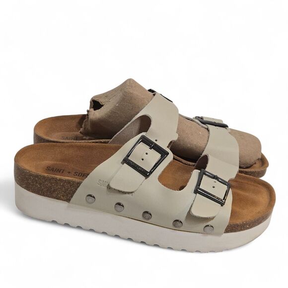 Saint + Sofia Sutton Studded Slide 2 strap Sandals Sz 9/40 Platform Ivory Silver - Picture 1 of 7